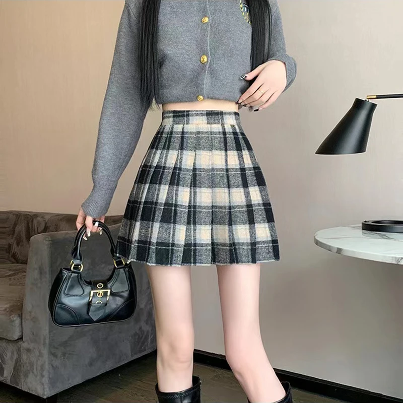 Vintage Plaid Wool Pleated Skirt for Women Winter High Waist Thicken Preppy Mini Skirts Y2K Female Korean All-Match Woolen Skirt