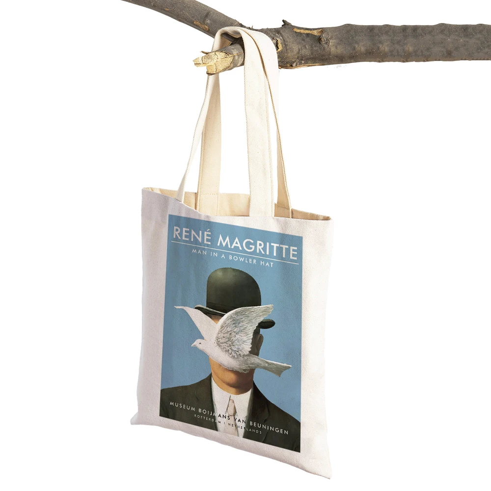 Magritte The Lovers Eye Pigeon Surrealism Lady Shopping Bag Supermarket Travel Tote Handbag Casual Canvas Women Shopper Bags