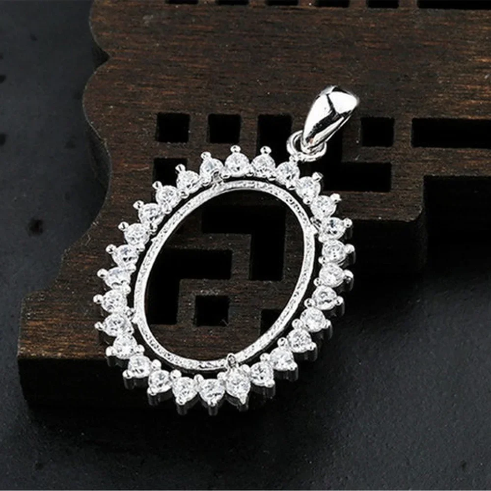 Pendant Blank (13x18mm Oval Blank) White Gold Plated 925 Silver Zircon Pave Pendant Setting Oval Cabochon Pendant Base