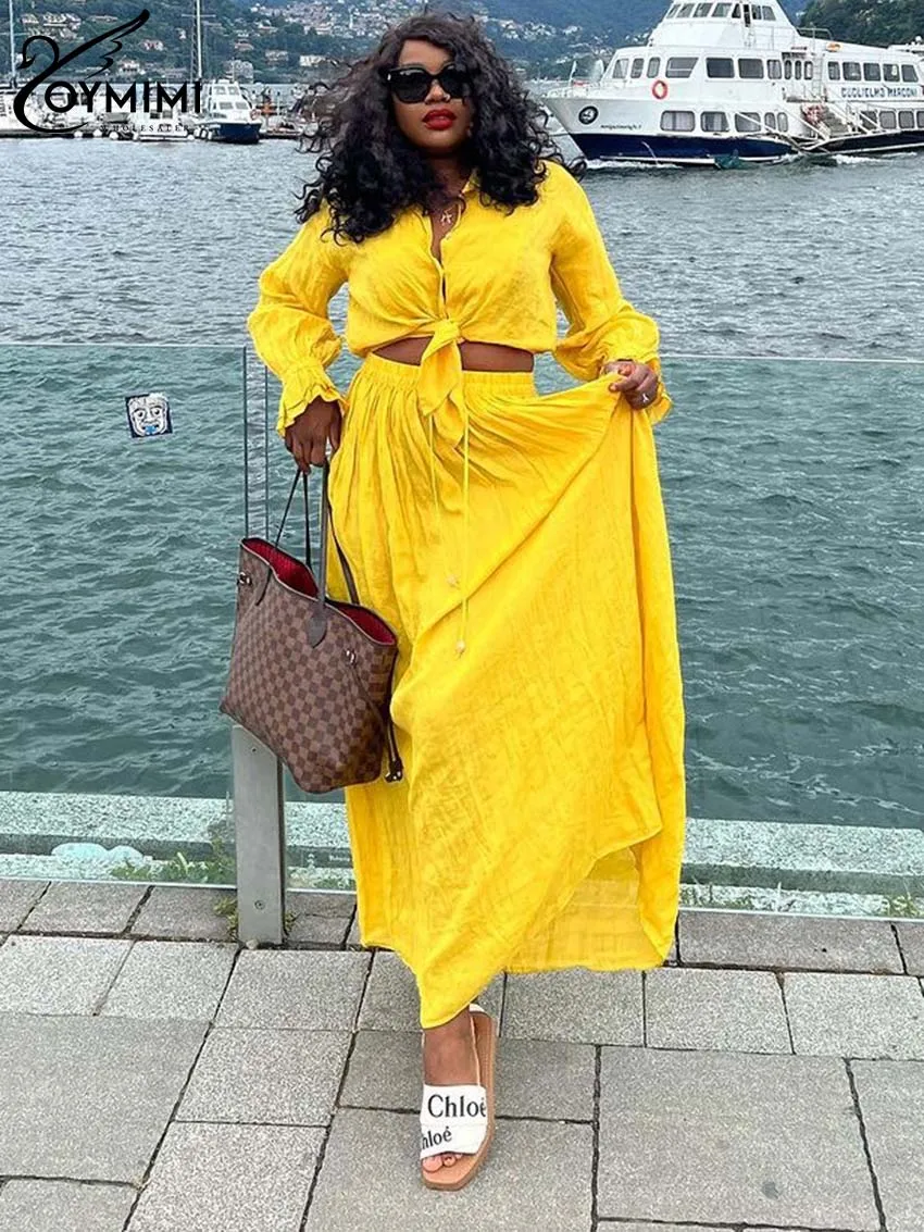 Oymimi Casual Yellow Cotton Sets For Women 2 Pieces Elegant Long Sleeve Button Shirts And Drawstring Wide Leg Pants Female Sets