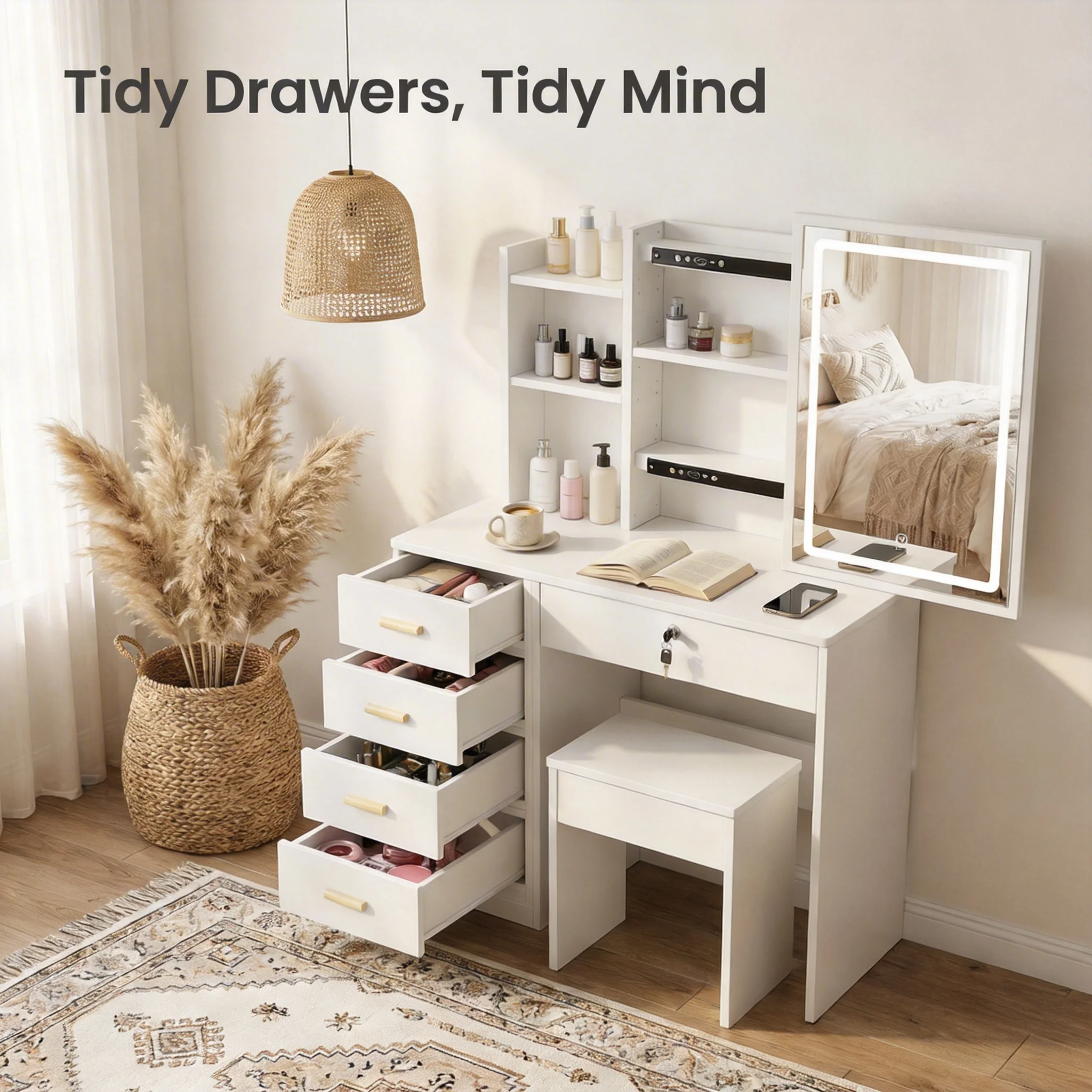

Vanity Set with LED Mirror & Stool - 5 Drawers Storage, Lockable Makeup Desk for Bedroom
