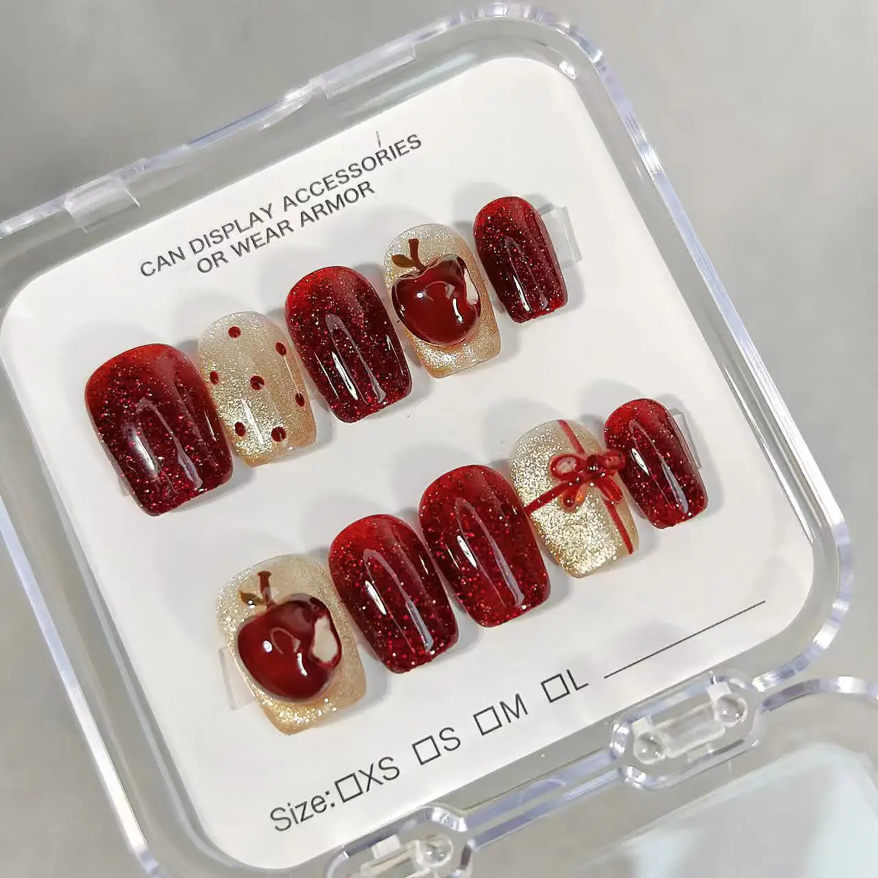 

10pcs/set Handmade Fake Nail Set - 3D Effect of A Hand-Squeezed Apple - Sparkling Cat Eye - Red Bow with Diamonds False Nails