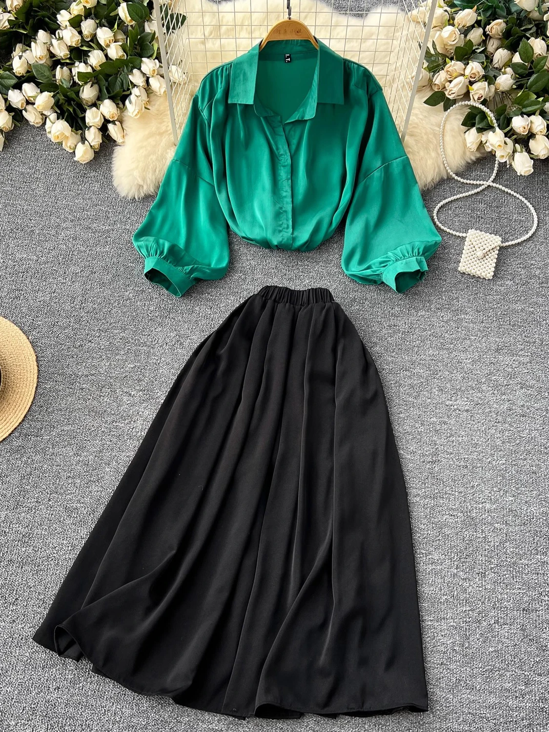 Spring Autumn Elegant Women Two Piece Set Ladies Office Turn-Down Collar Puff Sleeve Blouse Midi Skirt Suit 2Pcs OL New Fashion