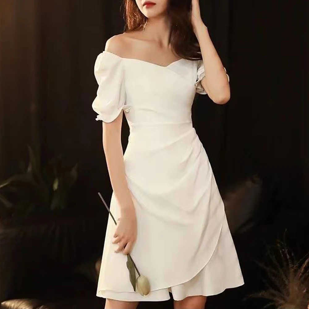 

Fashion Women French Retro Short Sleeve Dress Elastic Waist Elegant V Neck Skirt White Pleated Puff Sleeve Party Clubwear