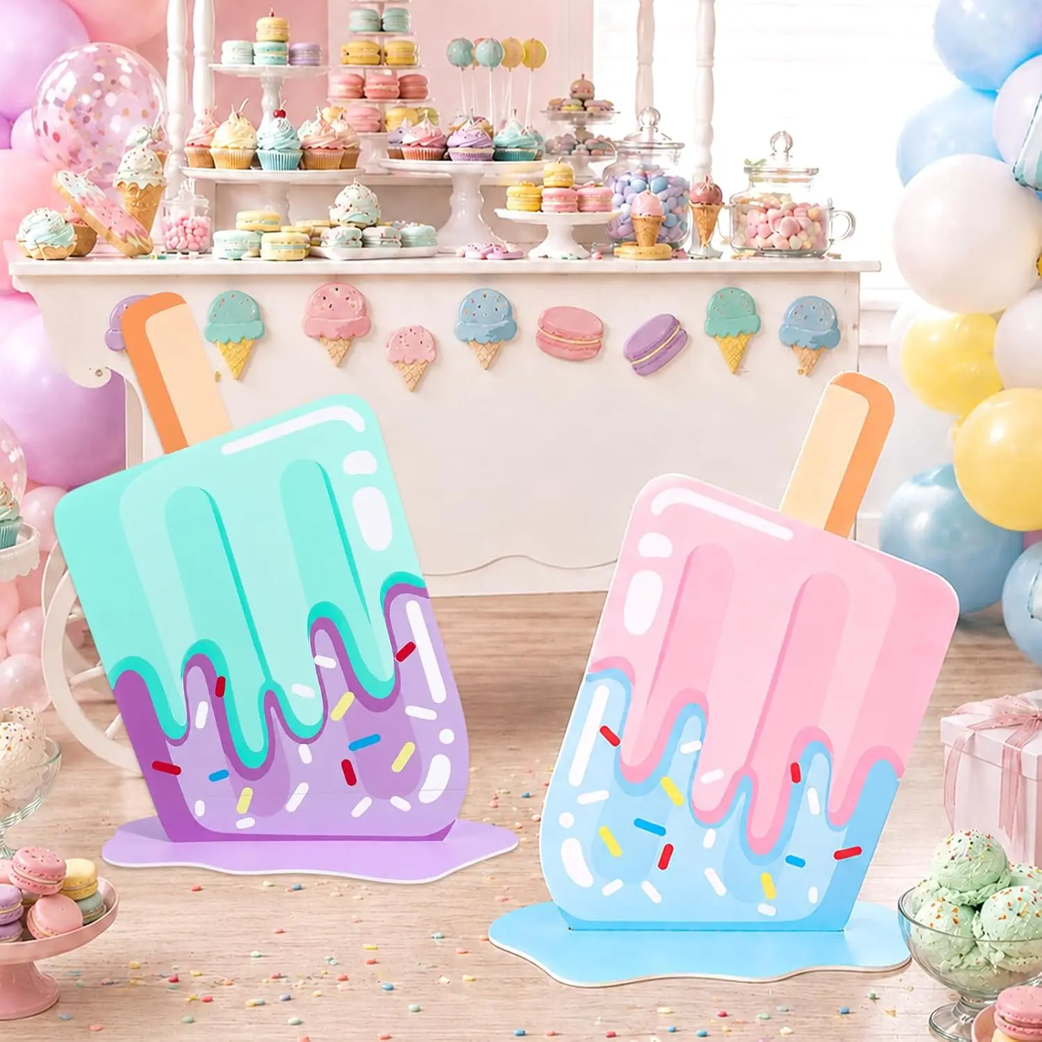 Pink & Green Ice Cream Standee Party Decorations 2-Pack Birthday Celebration Photo Props Cardboard Cutouts Kids Event Supplies