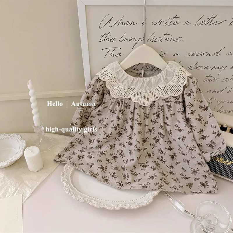 

01-2025Autumn Korean Children's Clothing Baby Girl Dress Autumn Lace Coffee Color Doll Collar Sweet Princess Dress Trendy Style