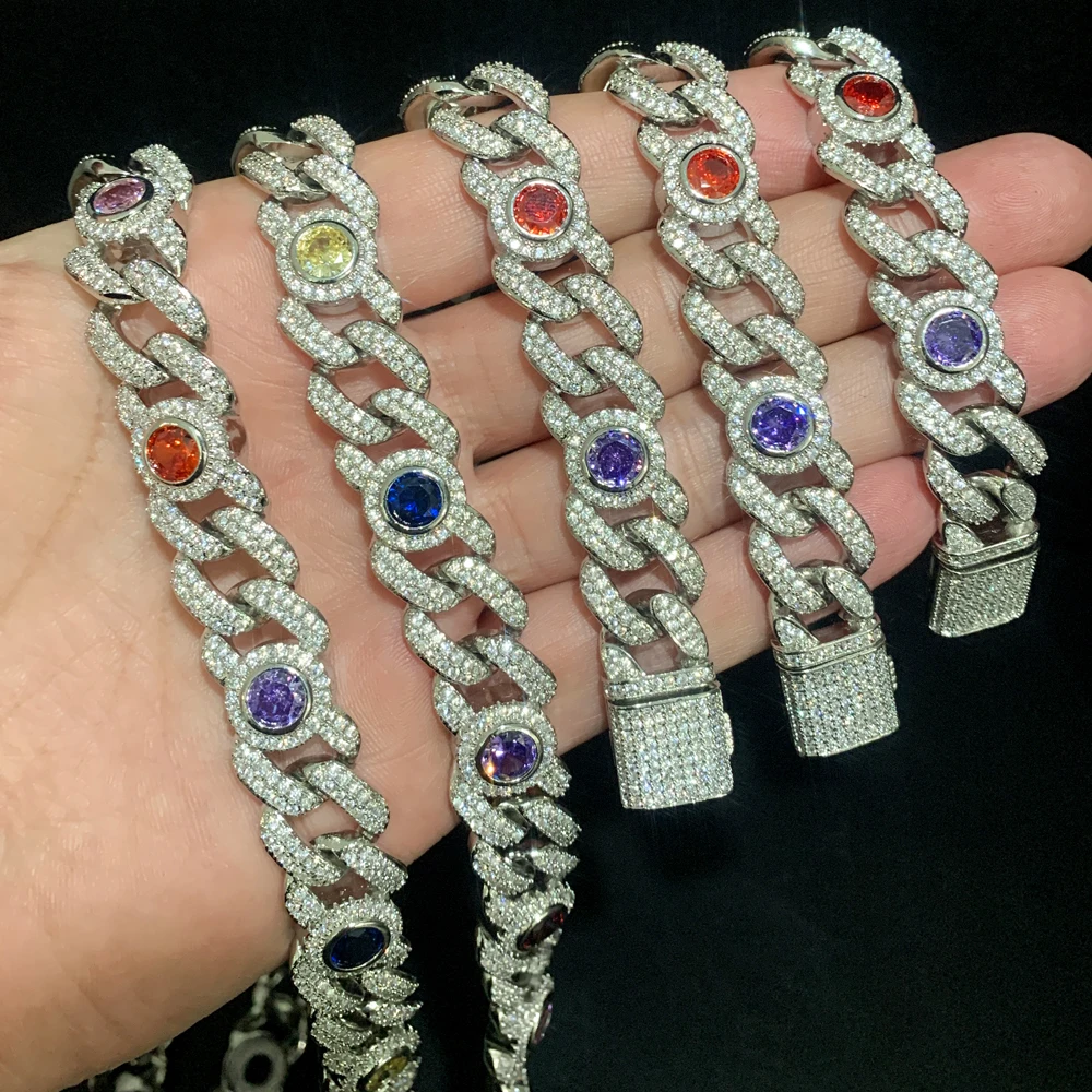 

New Iced Out Round Eye Charm Necklace 12mm Cuban Chain Prong Setting Rainbow Cubic Zirconia Hip Hop Fashion Jewelry