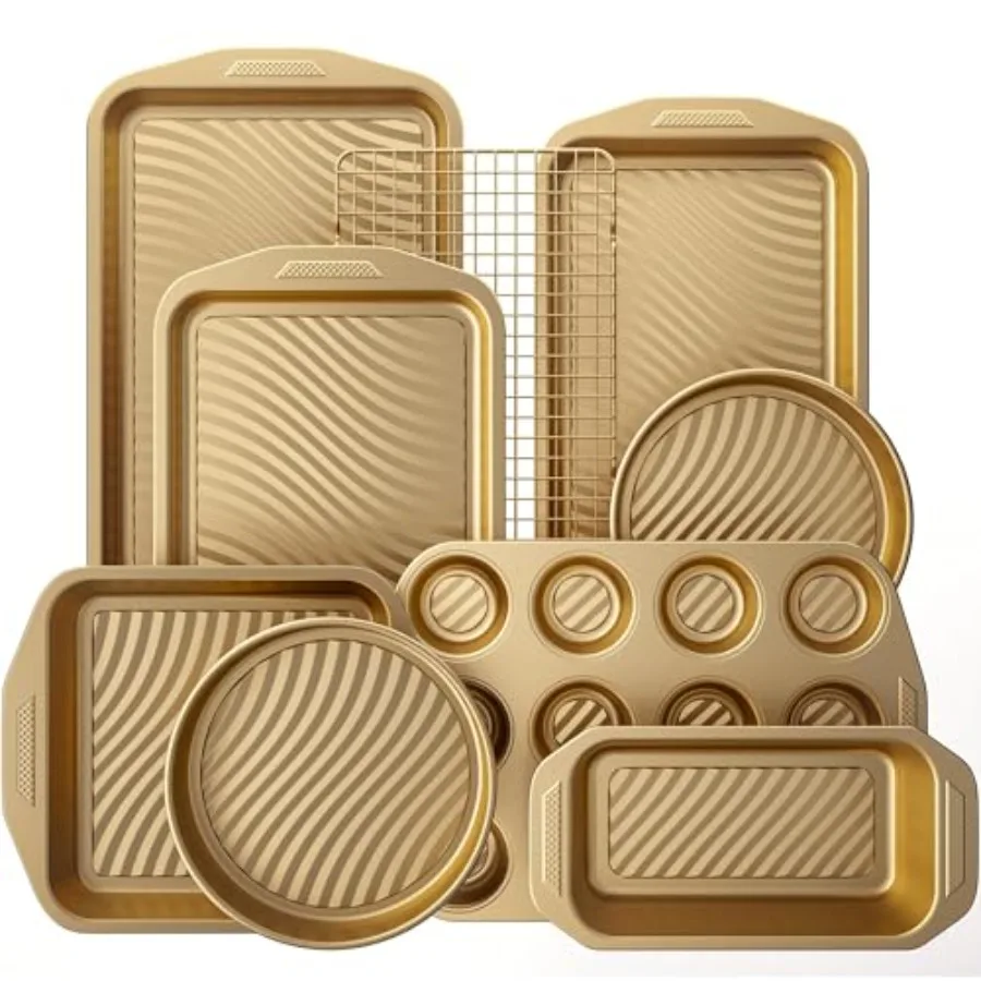 

9-Piece Non Stick Baking Pans Set with Wave Texture for Reduced Oil 0.8mm Thick Non Toxic Bakeware Sets Includes Stackable Cook