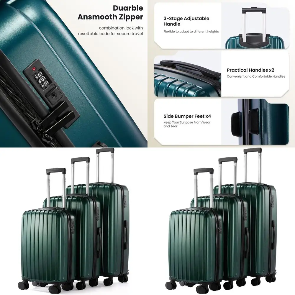 

3-Piece Hardside Spinner Luggage Set, 20/24/28 Inch, Lightweight Family Travel Suitcases, Green