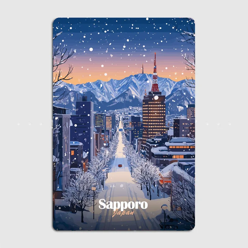 Snowy Sapporo Cityscape Winter Travel Scenic Spot Poster Metal Sign Garage Club Tin Custom Indoor Home Wall Decor Room Decor