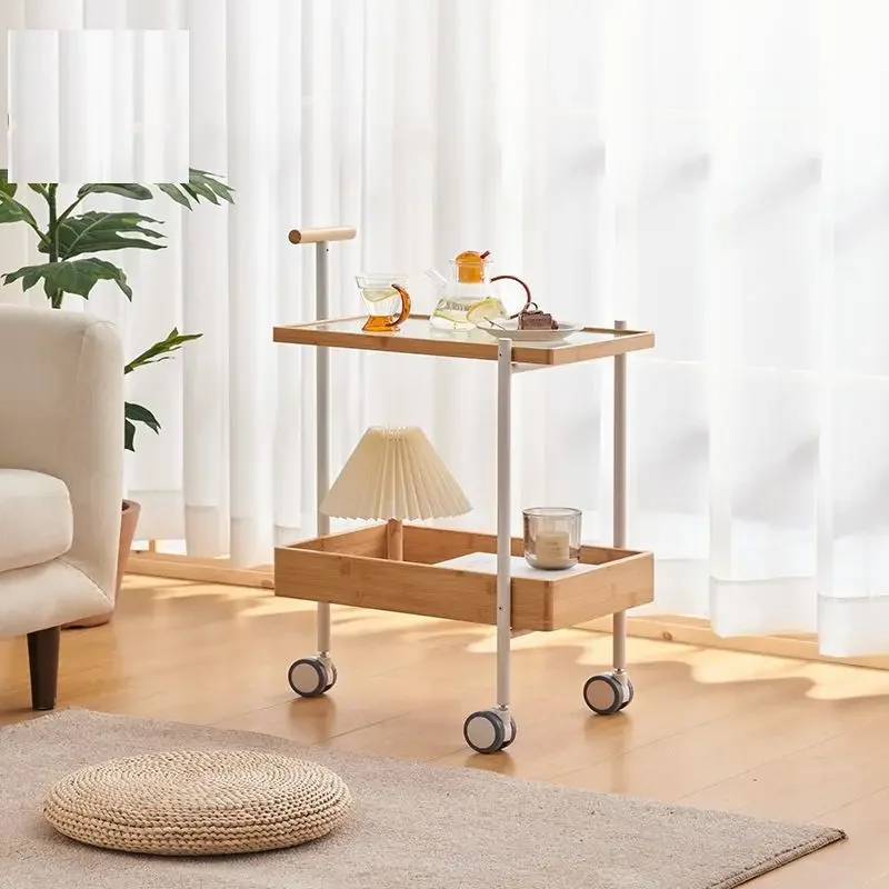 Mobile coffee tea cart table with wheels for living room bamboo glass table storage tool salon utility trolley cart side table