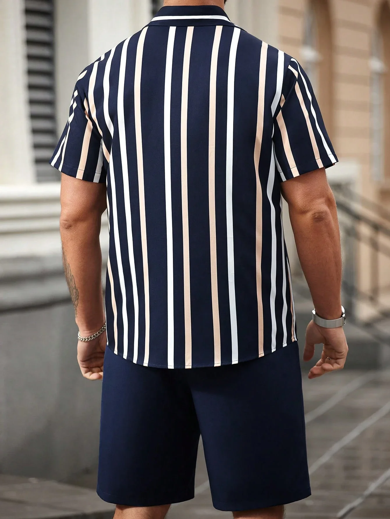 Men's Striped Short Sleeve Shirt And Shorts Set Casual Summer Outfit