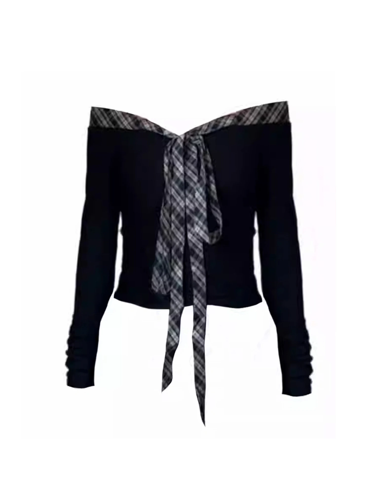 

Women Black Gothic V-Neck T-shirt Y2k Tee Top Vintage Aesthetic Plaid Patchwork Long Sleeve Oversize T-shirts 2000s Clothes 2025