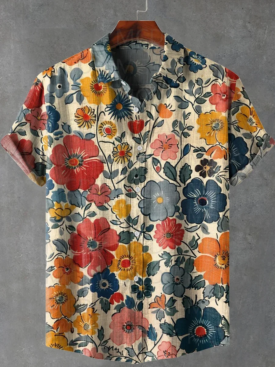 

Retro Flowers Art Print Lapel Casual Hawaiian Shirt Printed Style Short Sleeve Casual Shirt Men's