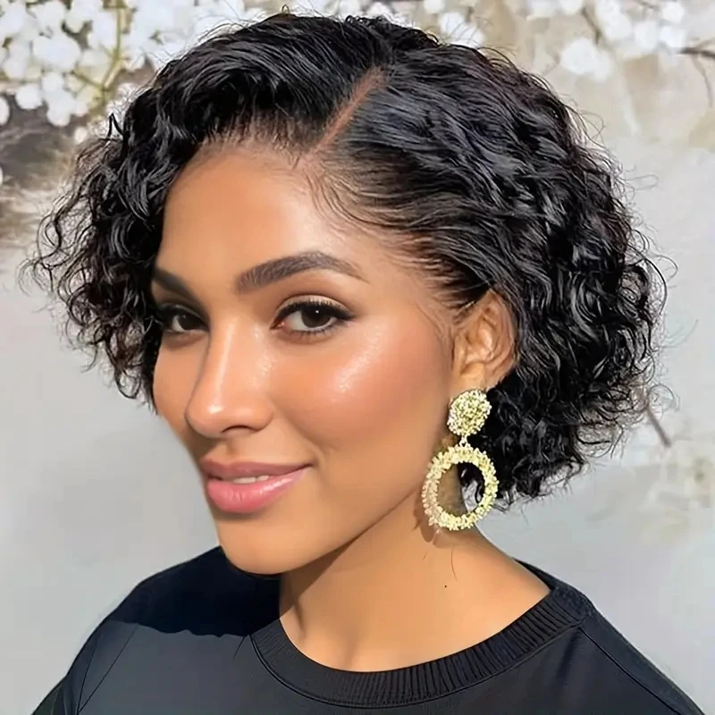 13x4x1 T Part Pixie Cut Lace Front Wig for Women Natural Black Curly Wave 180% Density Brazilian Remy Human Hair Wig