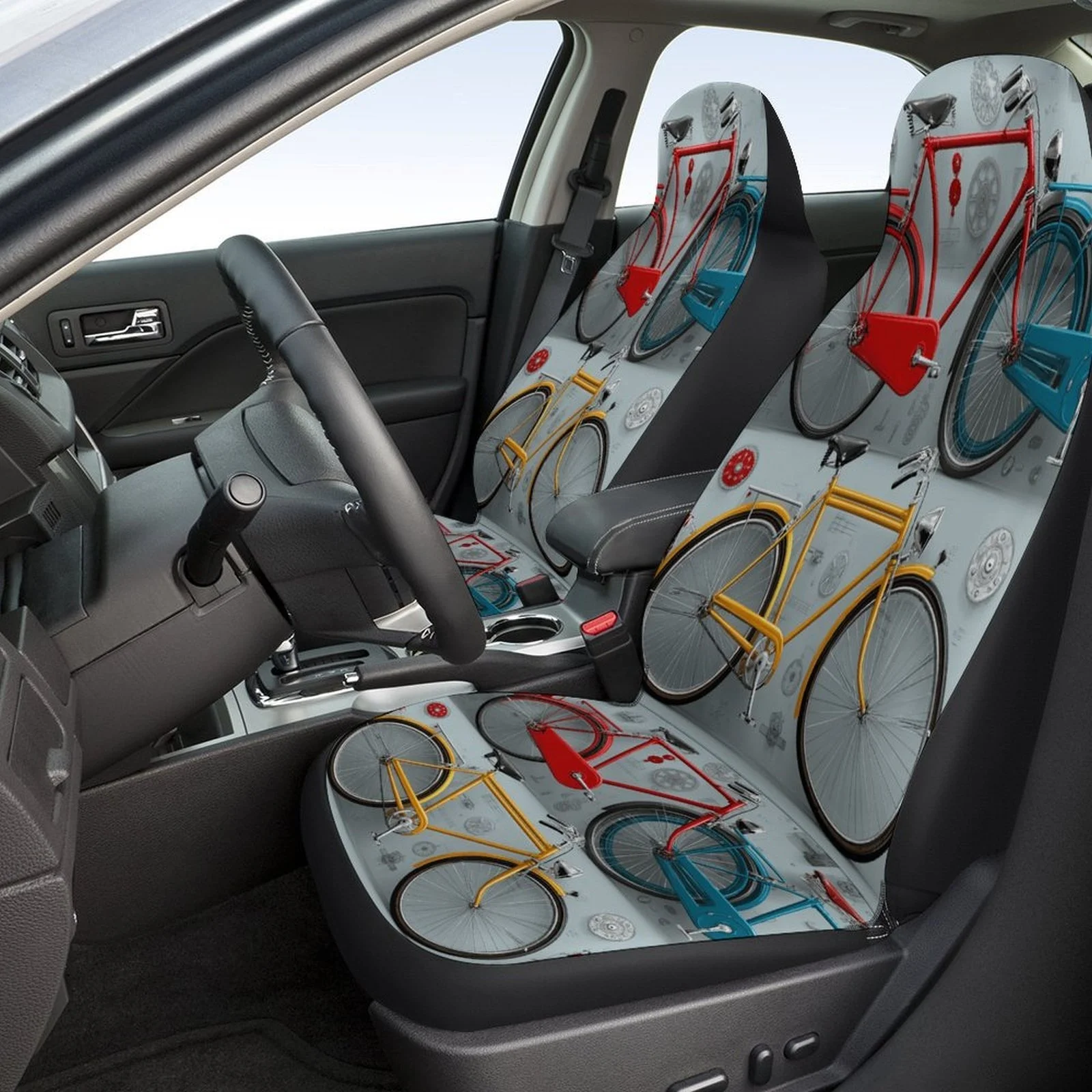Bicycle Colors Themed Car Seat Cover Set For Most Cars, Trendy Novelty Car Seat Protector Covers Full Set, Universal Car Seat Co