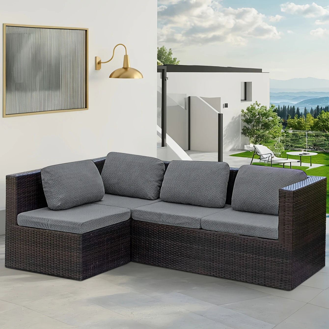Jacquard Patio Sofa Covers Elastic Non-Slip Sofa Slipcover Solid Colors Outdoor Garden Sofa Seat Cover