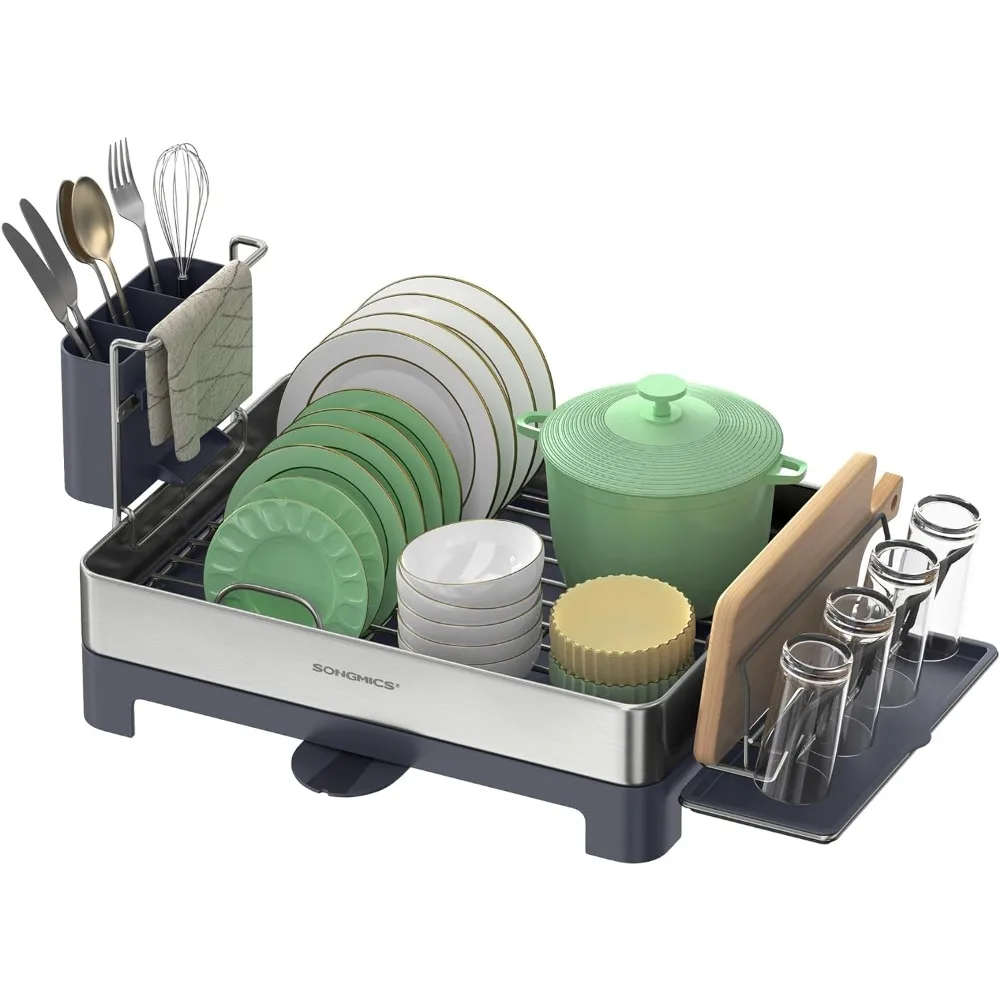 SONGMICS Dish Drying Rack, Stainless Steel Dish Rack with Rotatable Spout, Drainboard, Fingerprint-Resistant Dish Drainers