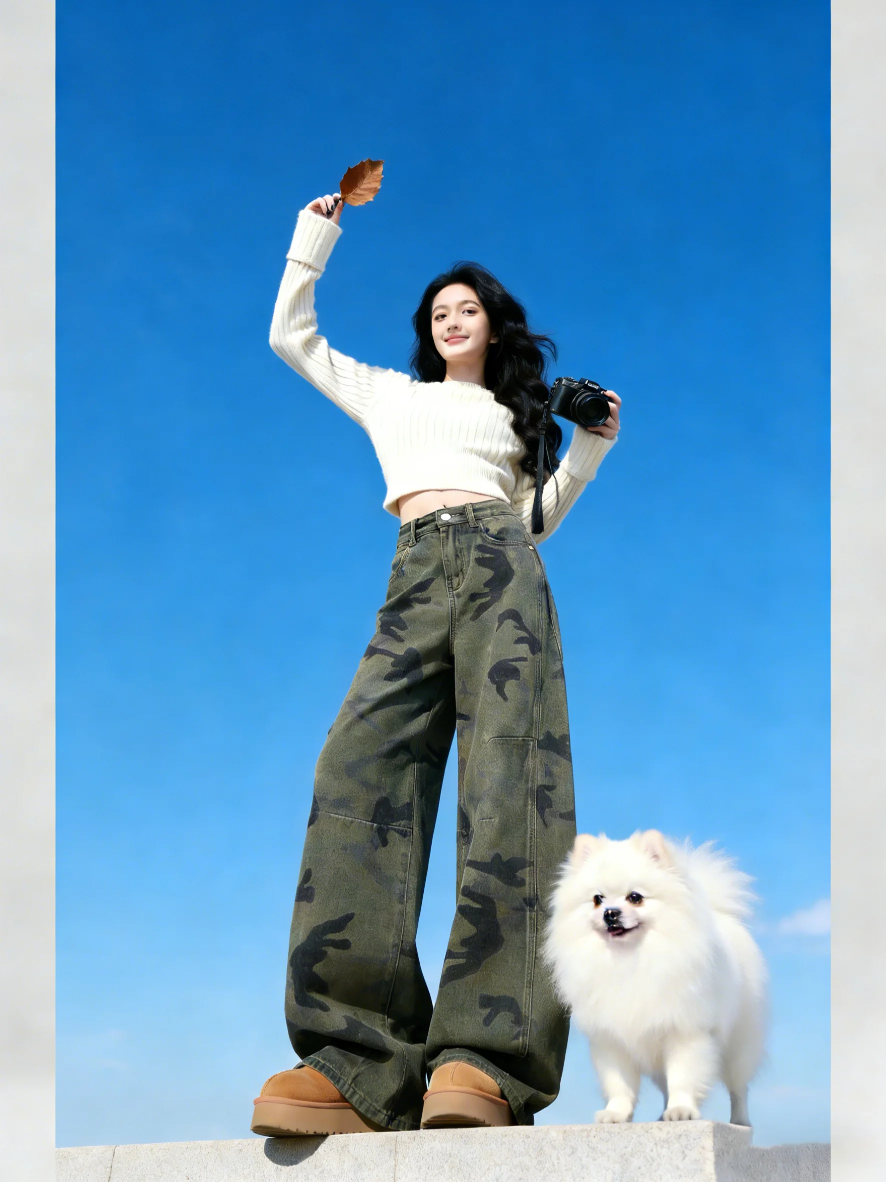 

American Retro Camouflage Workwear Jeans Women High Waist Loose Straight Leg Floor-Length Pants Spring 2026 New Sle