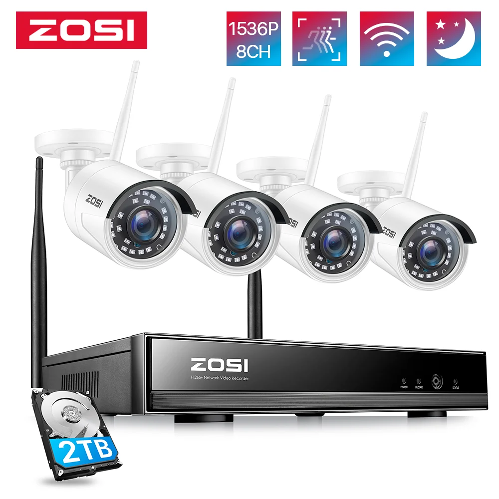 ZOSI Plug & Play Wireless CCTV Camera System 2K 3MP H.265+ 8 Channel CCTV NVR,4pcs/8pcs 3MP Outdoor WiFi Surveillance Cameras