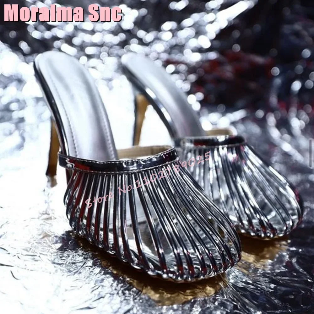 

Fashion Hollow Round Toe Women's Slippers Stiletto High Heeled Slip On Patent Leather Silver Solid Ladies Shoes Summer Slides