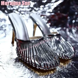 Fashion Hollow Round Toe Women's Slippers Stiletto High Heeled Slip On Patent Leather Silver Solid Ladies Shoes Summer Slides