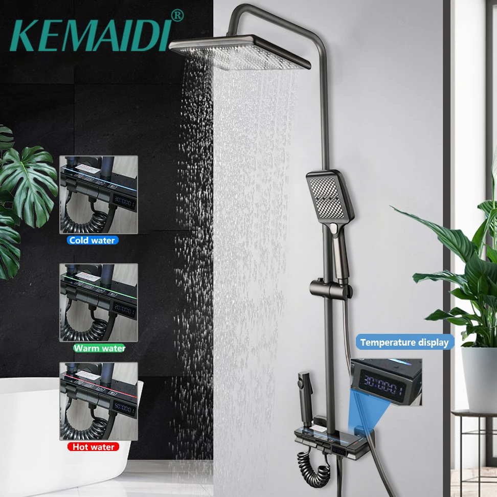 

KEMAIDI Grey Shower System 4 Ways Faucets Set with LED Temperature Display Mixer Tap with 12" Rainfall Shower Head Wall Mounted