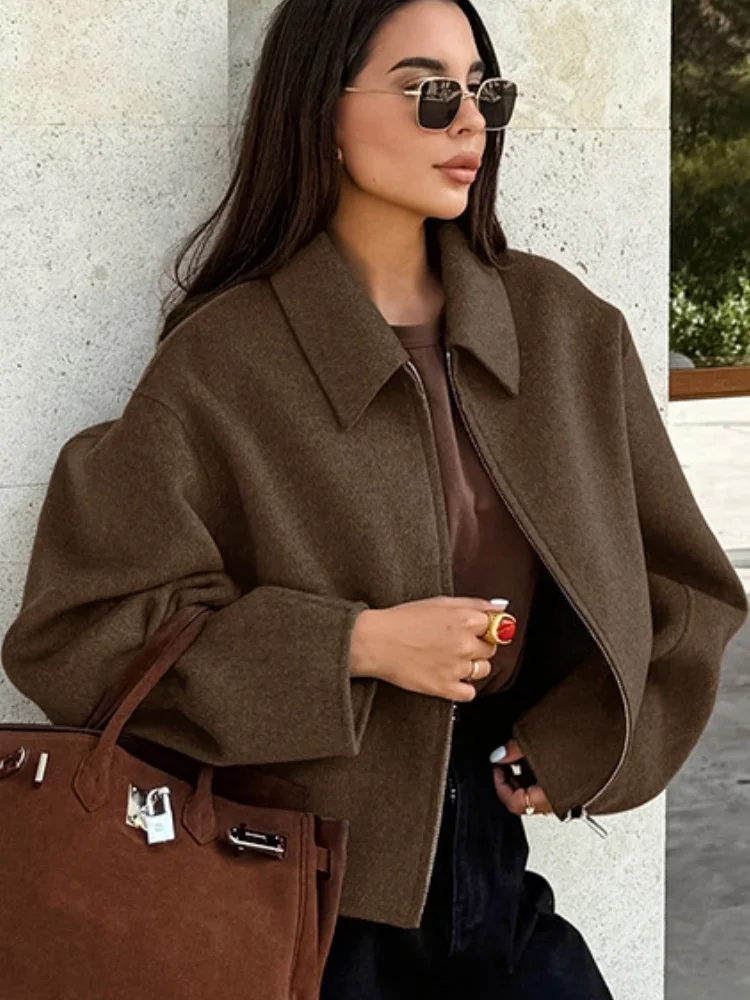 Women's Woolen Zipper Jacket Elegant Lapel Long Sleeve Blazer Thick Warm Short Coats Vintage Autumn Winter Streetwear Outerwear 1