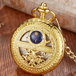 Reloj de bolsillo mecánico de viento a mano, reloj Vintage hueco, Luna Azul, estrella, Steampunk, esqueleto, números romanos, cadena Fob