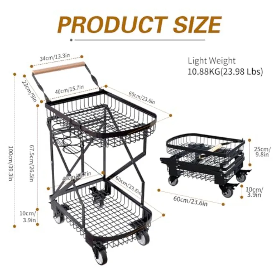Chariot de courses pliable à 2 niveaux pour épicerie, avec roues pivotantes à 360 degrés, robuste, multifonction, pliable