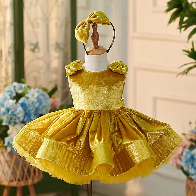 Jill desejo bonito ouro crianças vestido da menina de flor com arco na altura do joelho princesa bebê casamento festa aniversário vestido do feriado j306