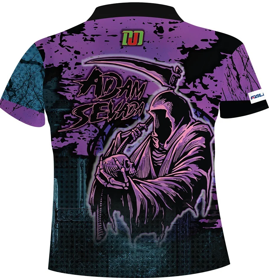 Men's Turn-Down Collar Half-Zip Darts Polo | Grim Reaper Gothic Print | Casual Shirt for Recreational Dart & Daily Wear