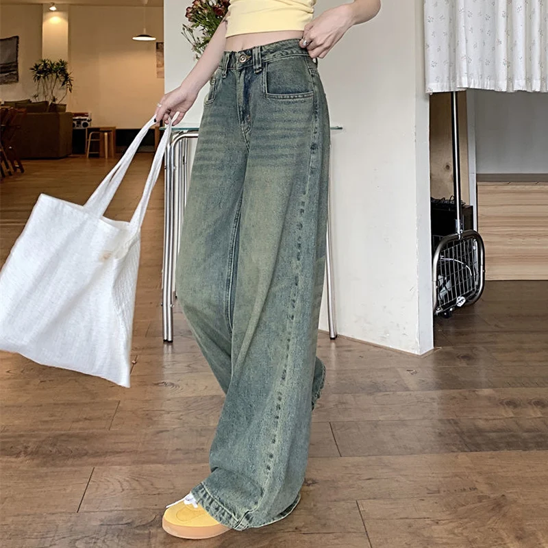 Streetwear Y2K Baggy Wide Leg Jeans Women Korean All-Match Washed Denim Trousers Female Vintage 90S High Waist Straight Pants