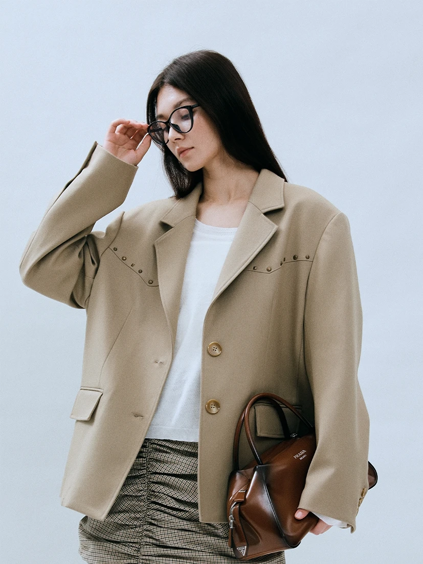 

Tee Goood Rivet Detailing Loose Fit Commuter Sle Vintage Windbreaker Suit Women's Long Sve Color Faion