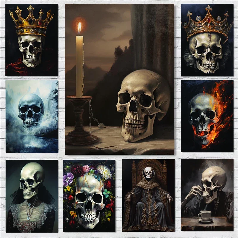 （2D Canvas painting） Gothic Skull Portrait Poster Darkness Style Skeleton Prints Canvas Painting Skull Wall Art Pictures Home