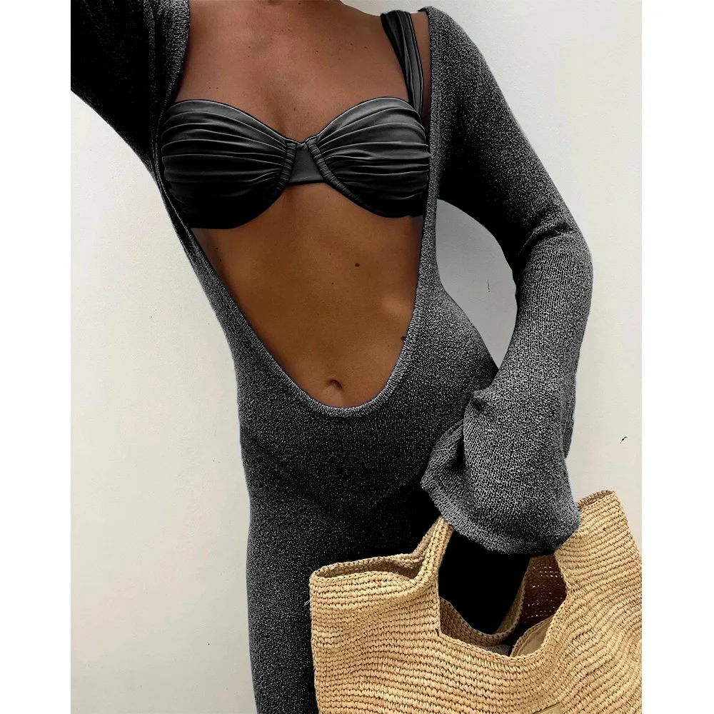 

Sexy Solid 3 Piece Micro Bikini Women's Swimsuit with Long Sleeve Trendy Beach Fashion 2025 Swimwear Beachwear Female Biquini