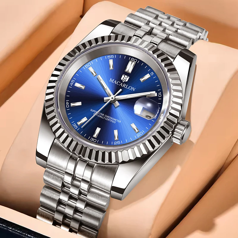 MACARLON Men's Silver Automatic Watch NH35 Movement Stainless Steel Band Waterproof Analog Wristwatch Business Casual Male Clock