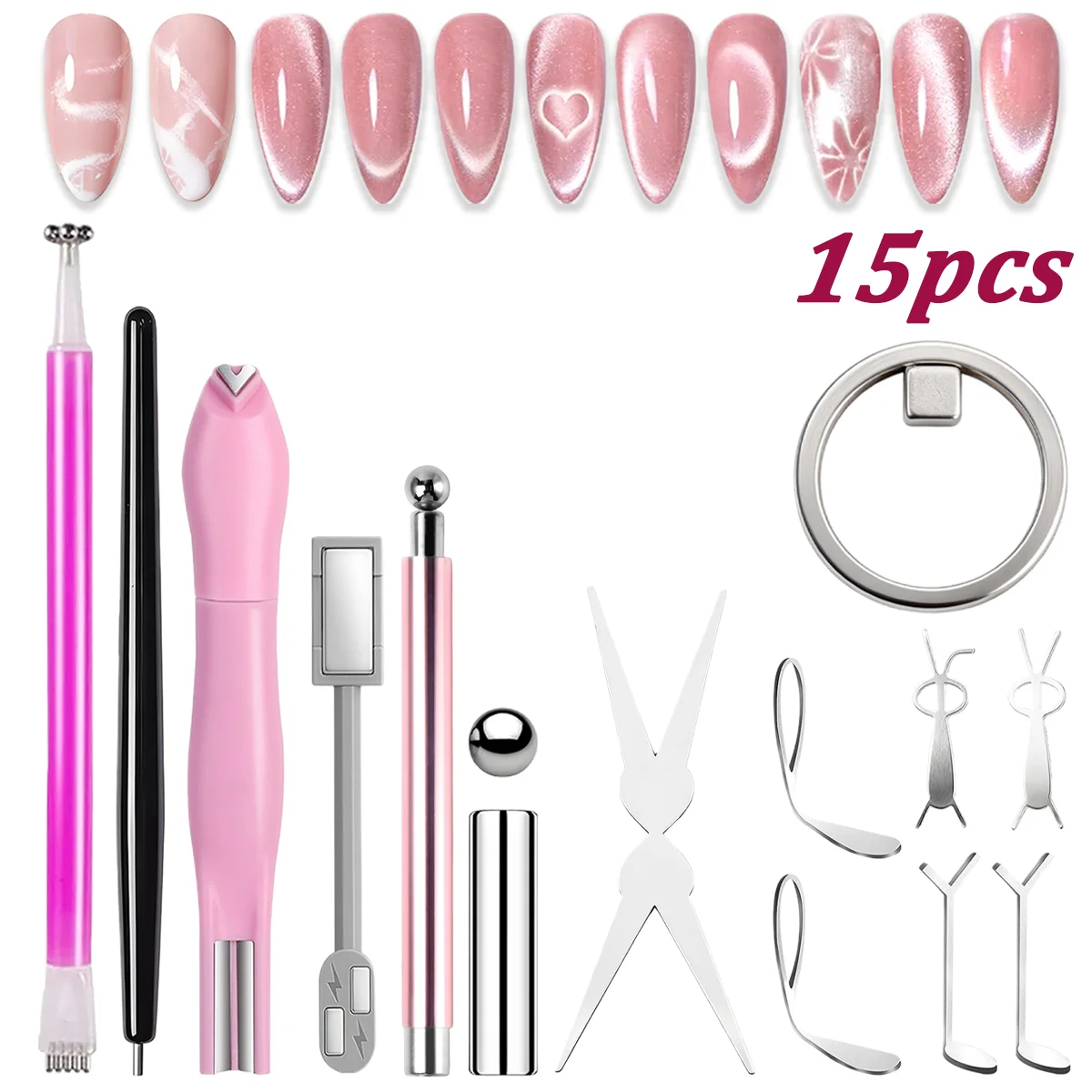 15pcs Cat Eye Nail Magnet Set, Multi Shape Magnetic Tools with Ball Pen, Ring Magnet, French Tip Magnet & Magnetic Wand for Gel