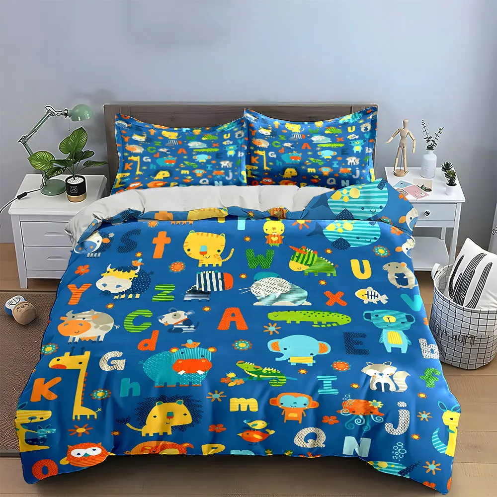 Kids Alphabet Animal Prints Set Bedding Set with 1 Duvet Cover 2 Pillowcases Single Double King Queen, Gift