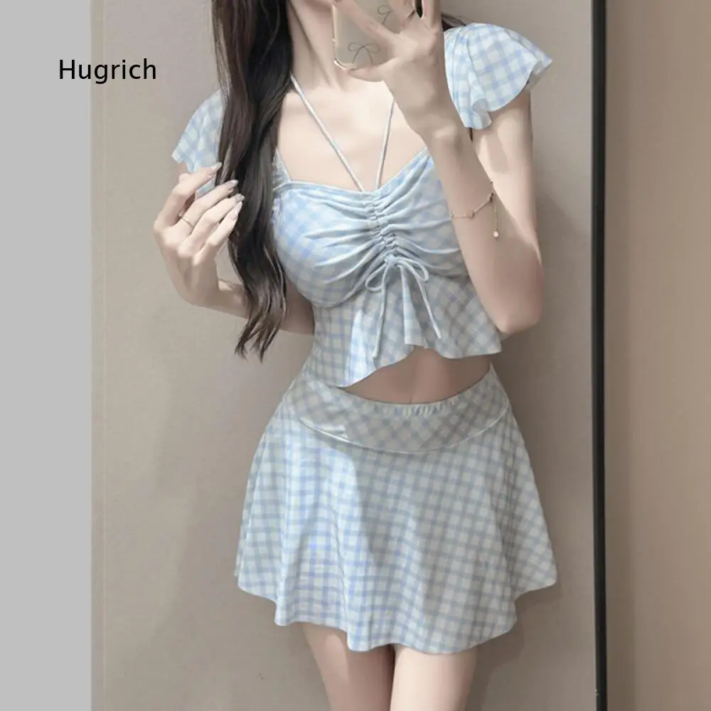 Vacation Beach Swim Set For Women Gingham Pattern Ruffle Short Sleeve Drawstring Ruched Top And Skirt Style Swim Bottom
