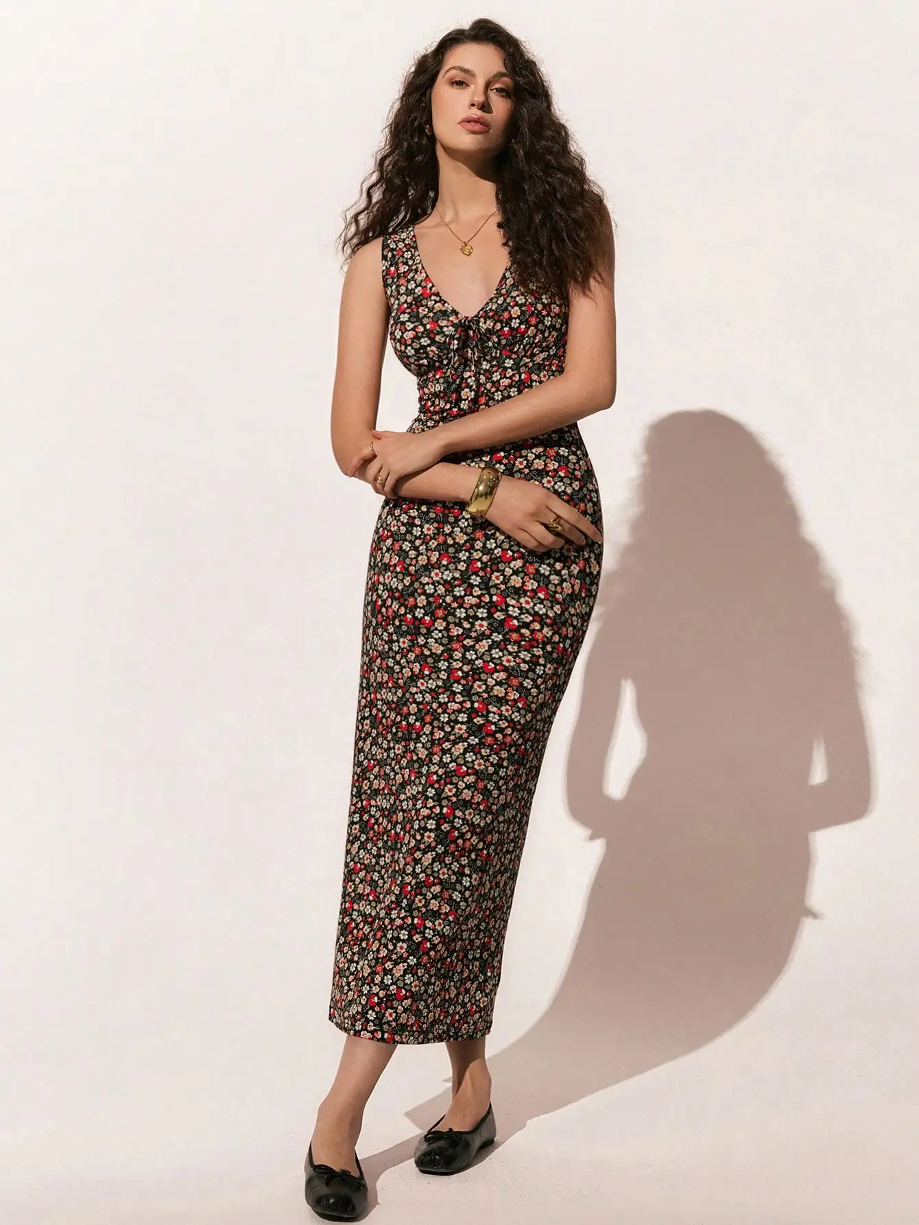 Poéselle Women's Dress Sleeveless Ditsy Floral Tie-Front Bodycon Midi Dress – Vintage-Inspired Slim Sundress For Day-To-Night