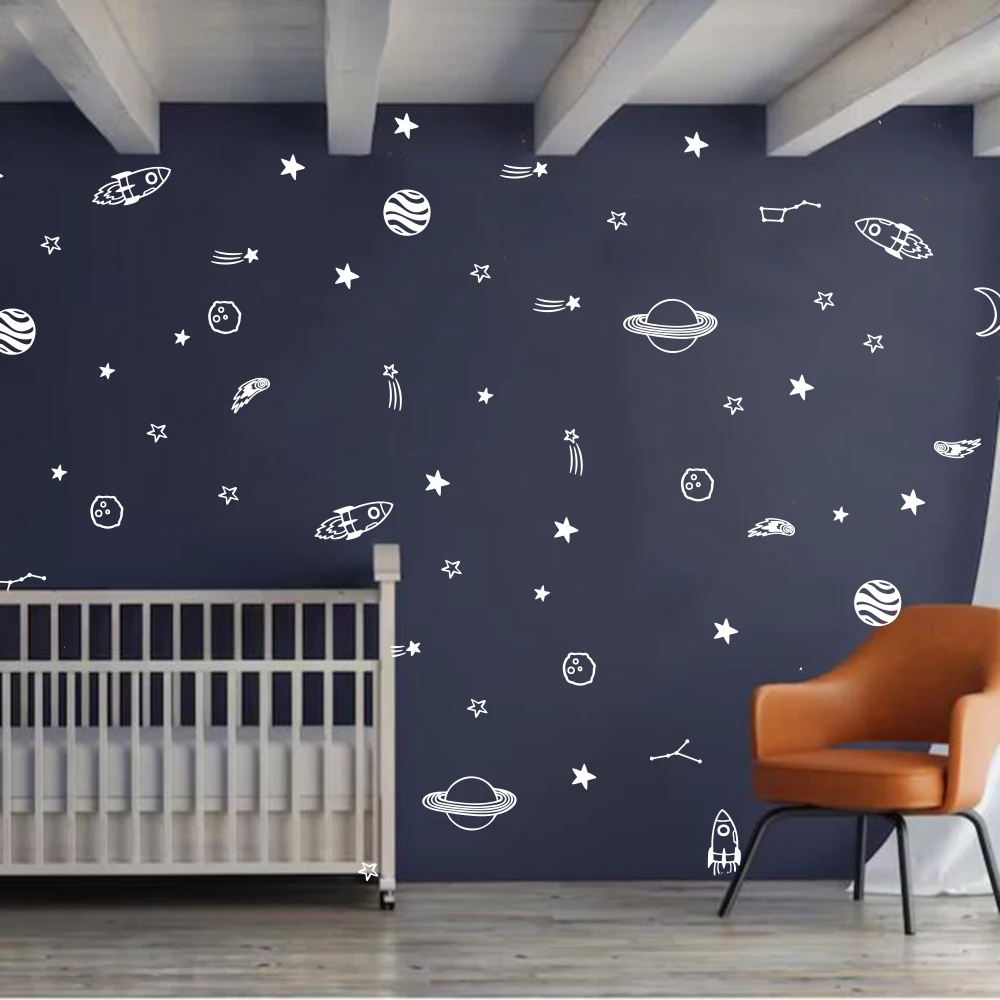 Cartoon Space Stars Planets Rocket Wall Sticker Decal Astronomy Sky Teen Kids Playroom Bedroom Home Decor