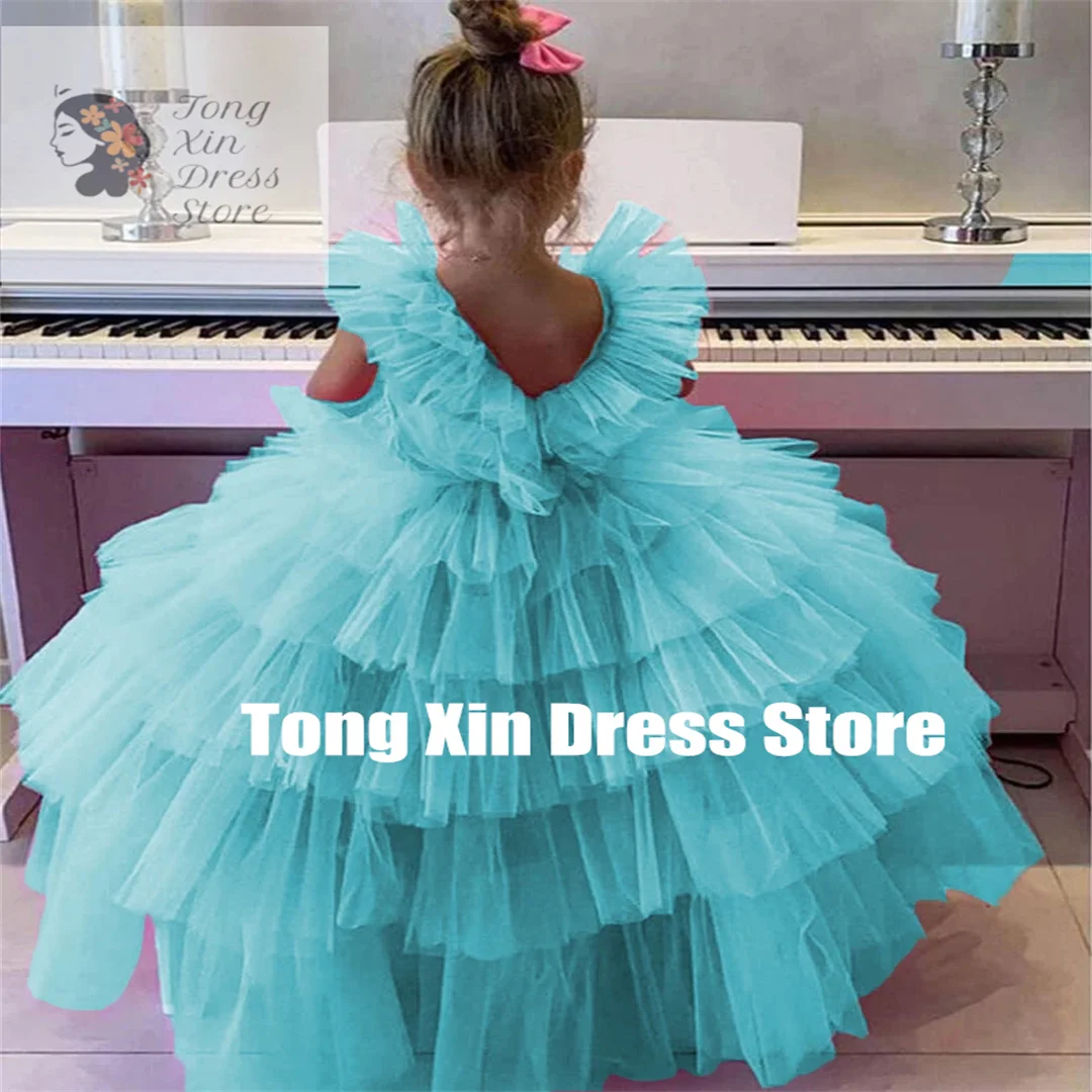 Layers Flower Girl Dress for Wedding Double V Neck Ball Gown Kids Pageant Dress Long Puffy Childrens First Communion Party Gowns