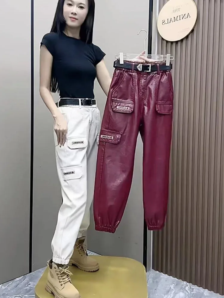 Women\'s Cargo Leather Pants Fall Winter New Classic Dark Department Fashion Trend Pocket Decoration Loose Oversized Pants 4XL