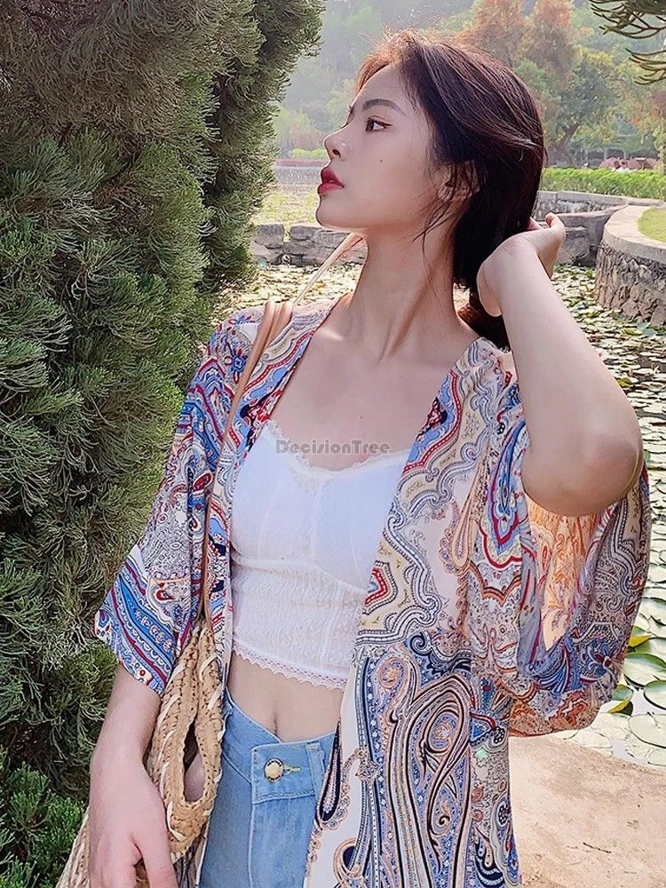 

2025 chinese ethnic-style printed chiffon sun-protective coat women short seaside vacation chiffon shirt, retro loose blouse