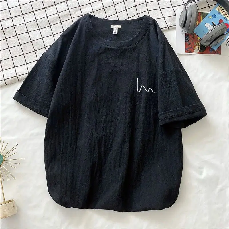 الرجال والنساء النمط الياباني القطن الكتان تي شيرت ، تنفس ، فضفاضة القاع ، نصف كم قمة ، موضة عادية ، الصيف الاتجاه #3