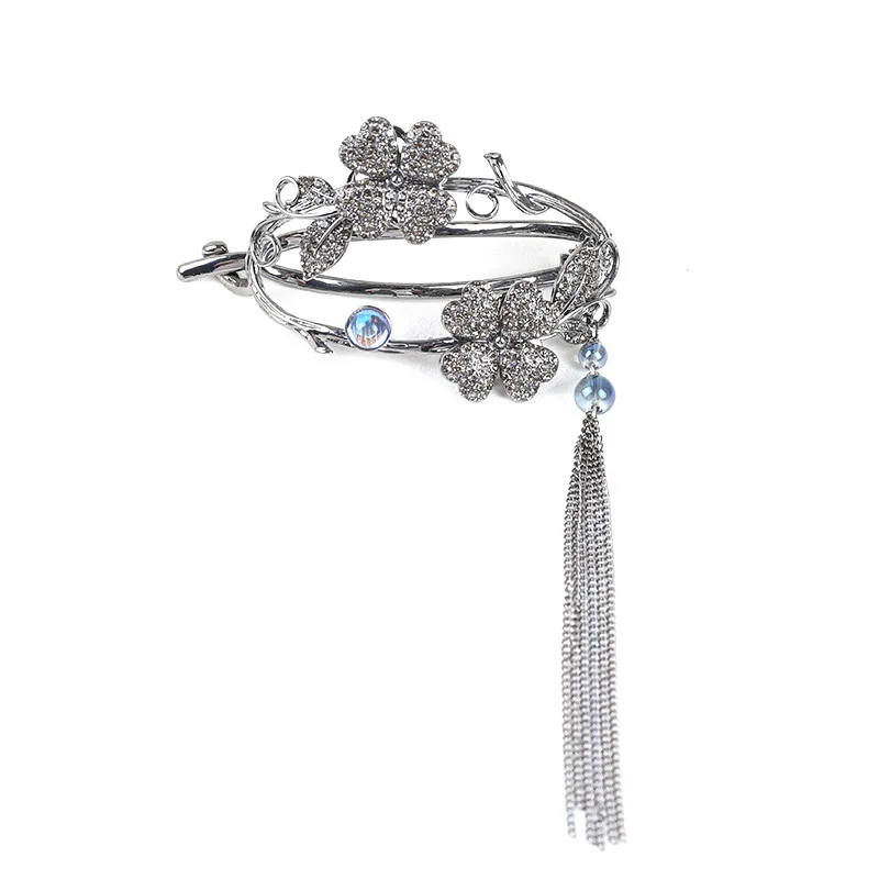 Rhinestone Four Leaf Clover Twist Hair Clips For Women Elegant Tassel Barrettes For Back Head Bun Updo Bangs Flyaways Daily Wear