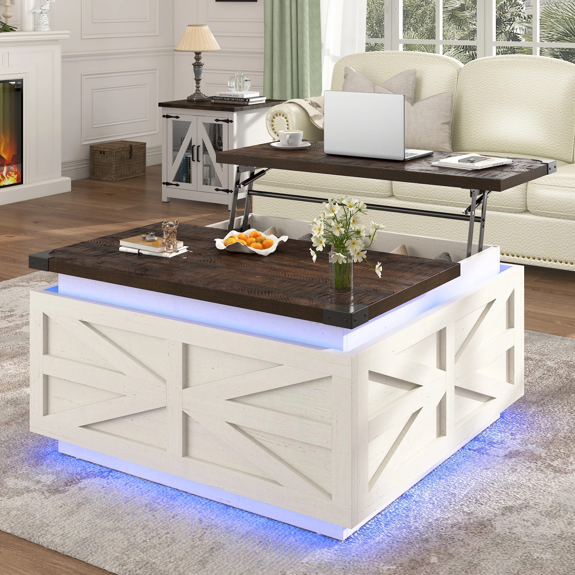 35.8" Farmhouse Lift Top Coffee Table with Storage, Square Coffee Table with LED Lights, Wood Center Table with Hidden Storage