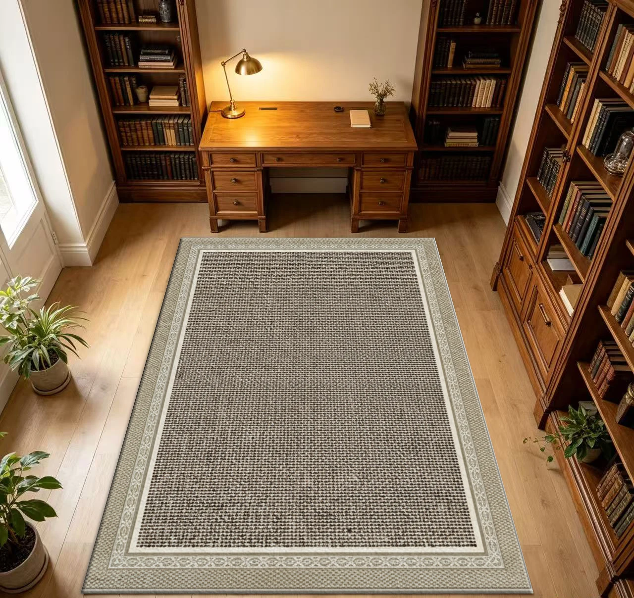 Jute Texture Bordered Carpet Flooring Natural Woven Look Area Rug Classic Framed Design Floor Mat for Home Indoor Decoration