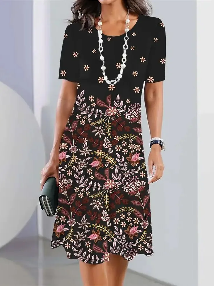 

Elegant Floral Print Dress For Women Casual O Neck Short Sleeve Loose Dresses Robe Femme Fashion Holiday Skirt Womens Clothing